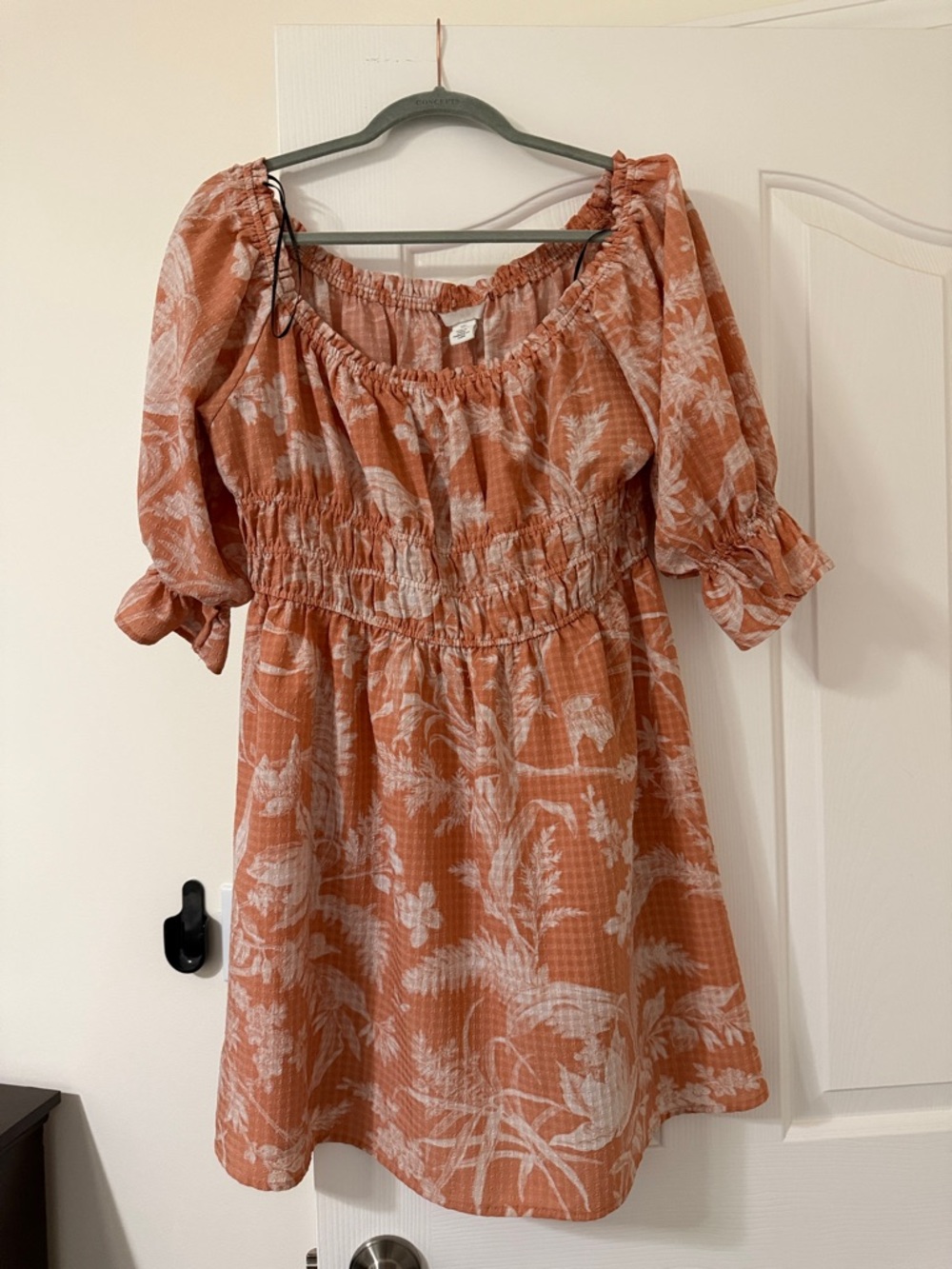 H&M Rust and White Botanical Square-Neck Mini Dress